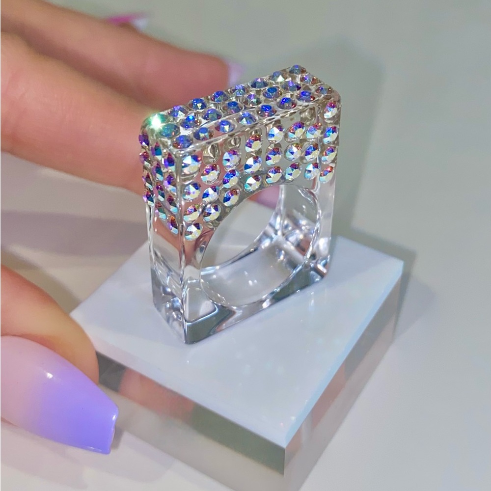 Geometric Clear Acrylic Iridescent Swarovski Cube Ring, Aurora Borealis Crystals